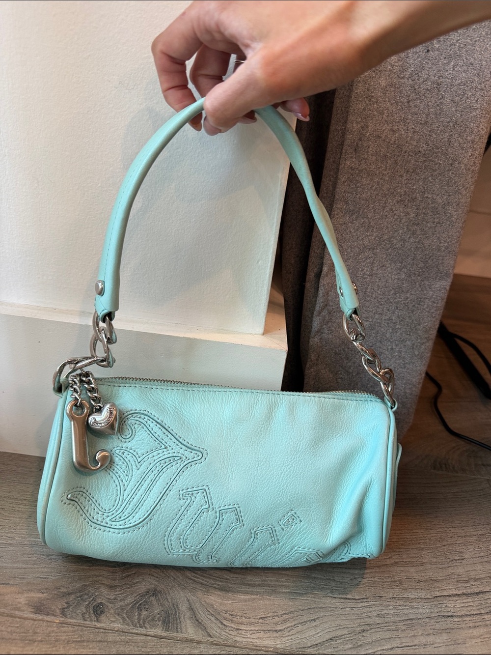 Y2K Juicy Couture Mint Turquoise Leather Shoulder Bag with Silver Hardware